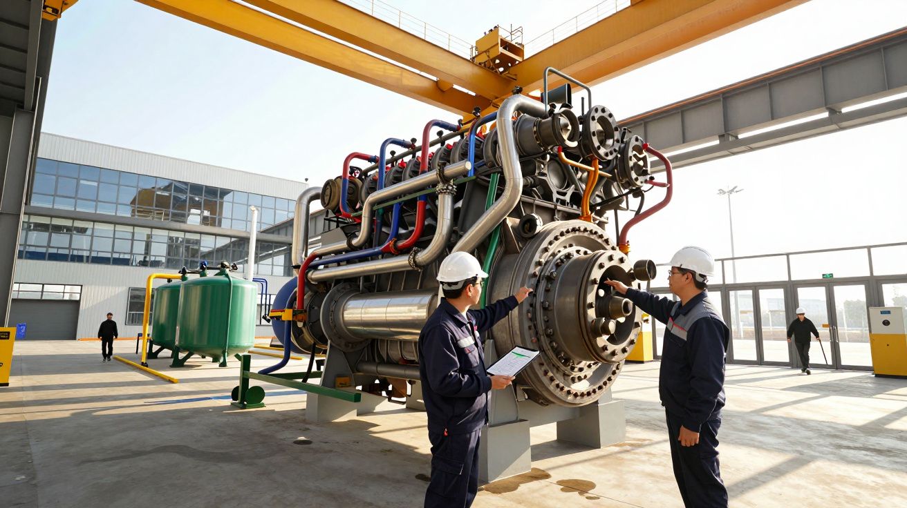 Dois técnicos com capacete junto a equipamento industrial complexo numa instalação moderna e arejada.