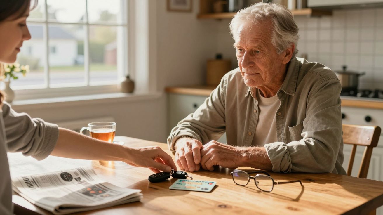 Pessoa idosa sentada à mesa a receber as chaves do carro e cartão de identificação de outra pessoa.