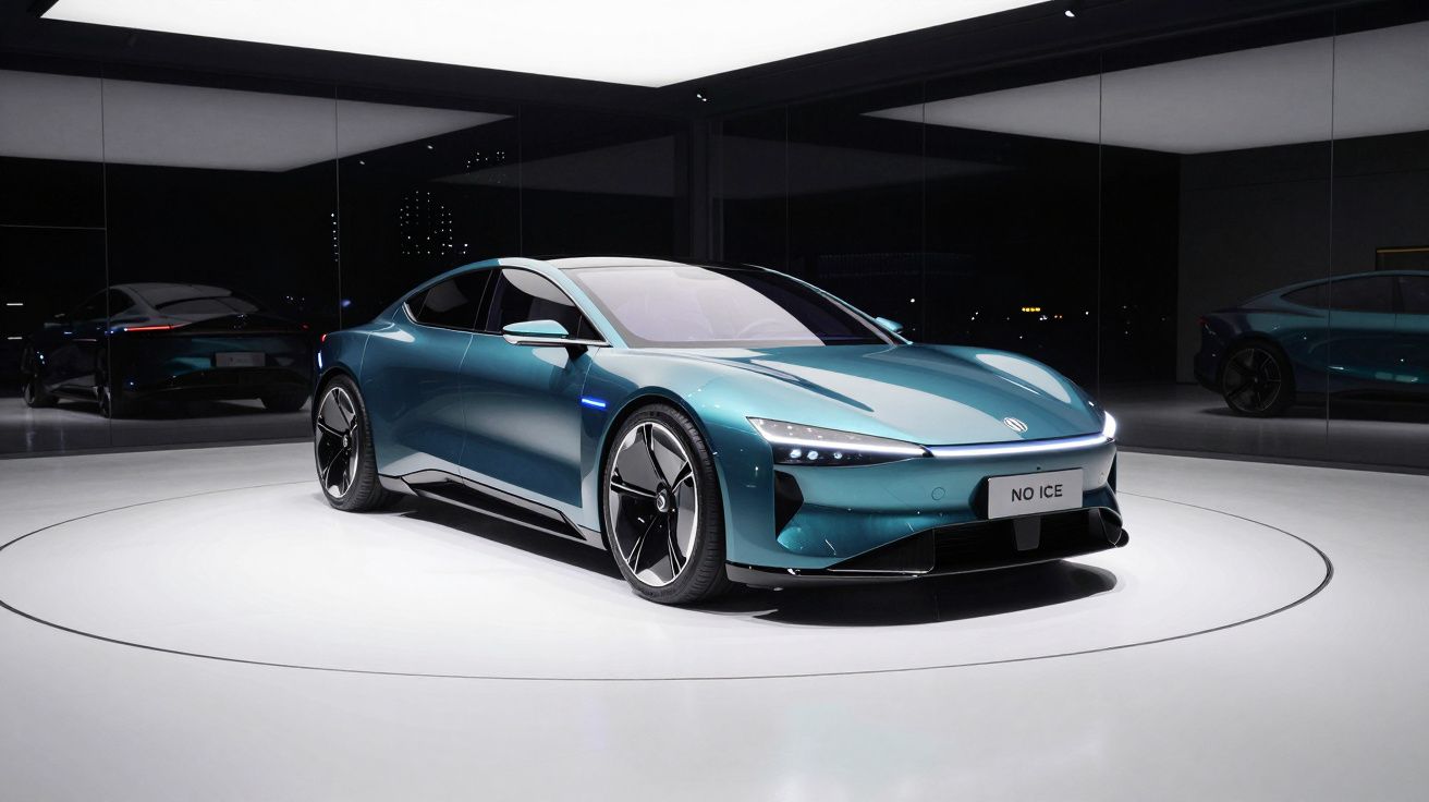 Carro elétrico desportivo azul exibido em plataforma circular dentro de sala com paredes espelhadas.