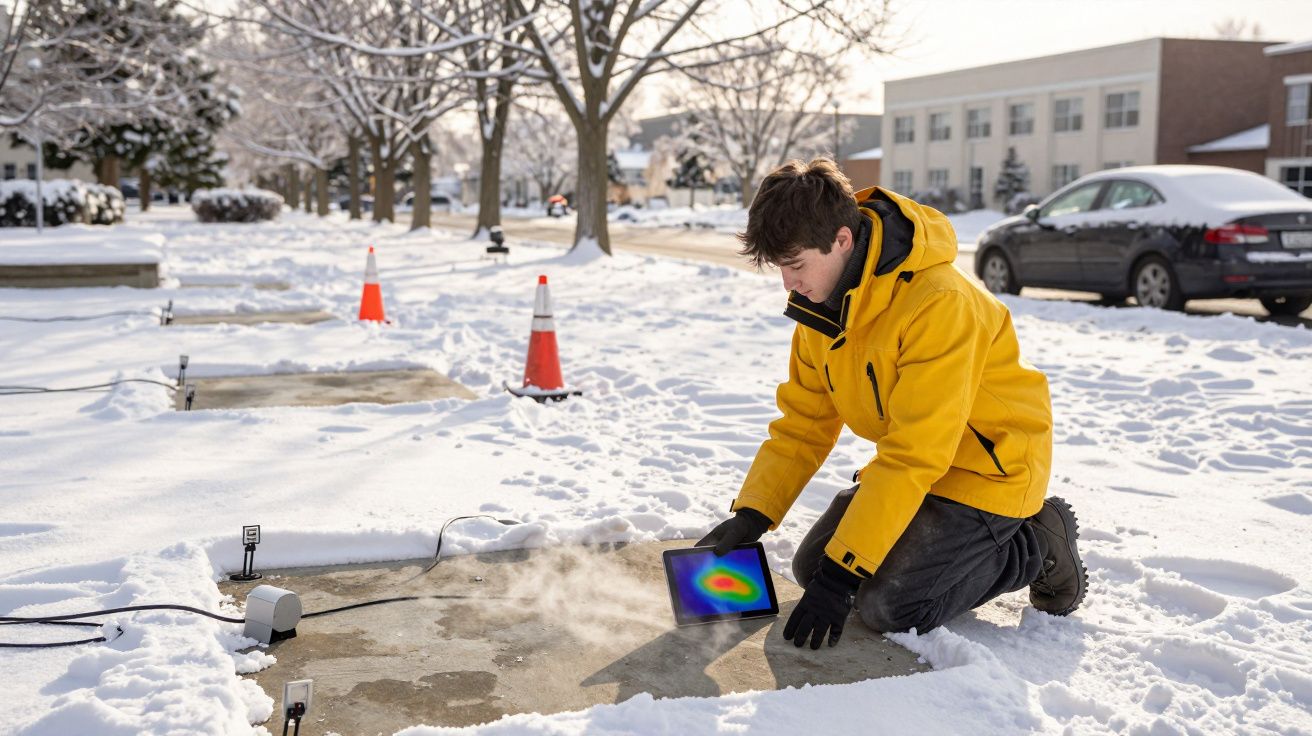 Jovem de casaco amarelo kneeling na neve a usar tablet para medir temperatura num passeio congelado.