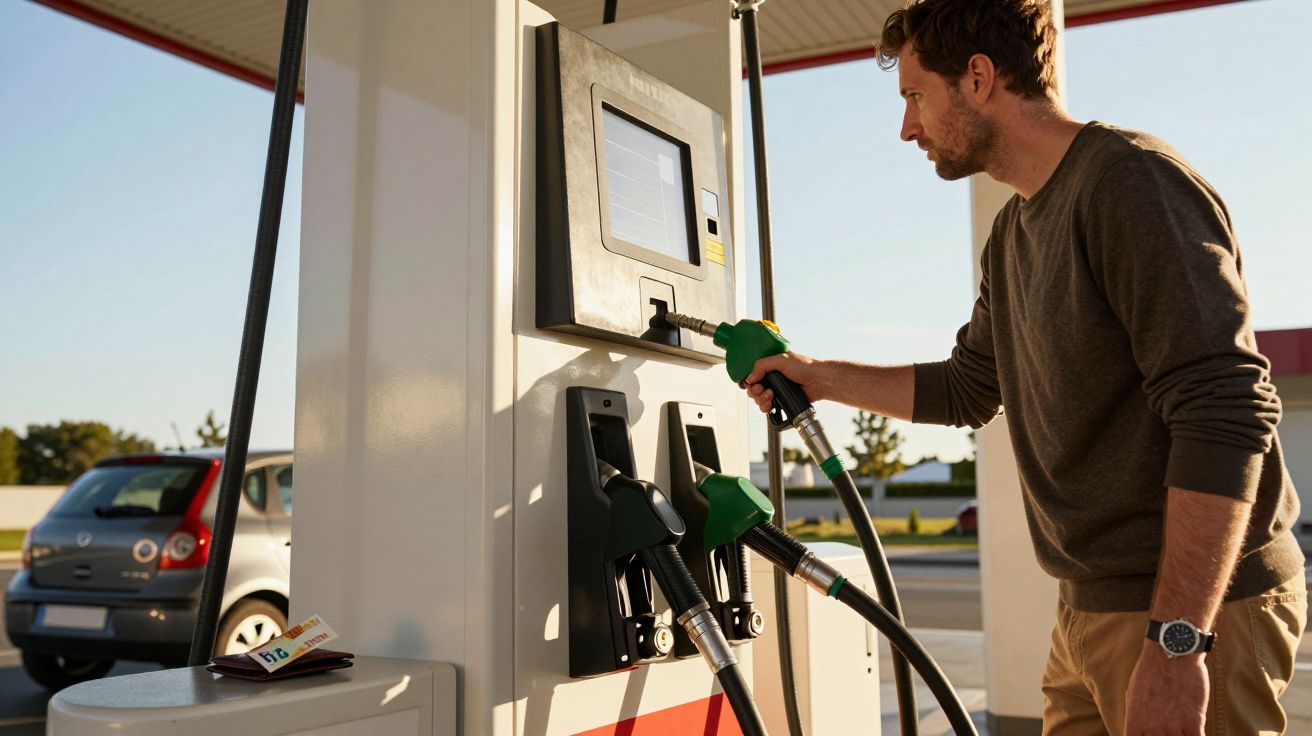 Homem a abastecer o carro numa bomba de gasolina numa estação de serviço ao ar livre.