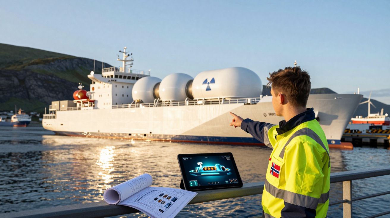 Homem com colete refletor aponta para navio com tanques nucleares no porto ao entardecer.