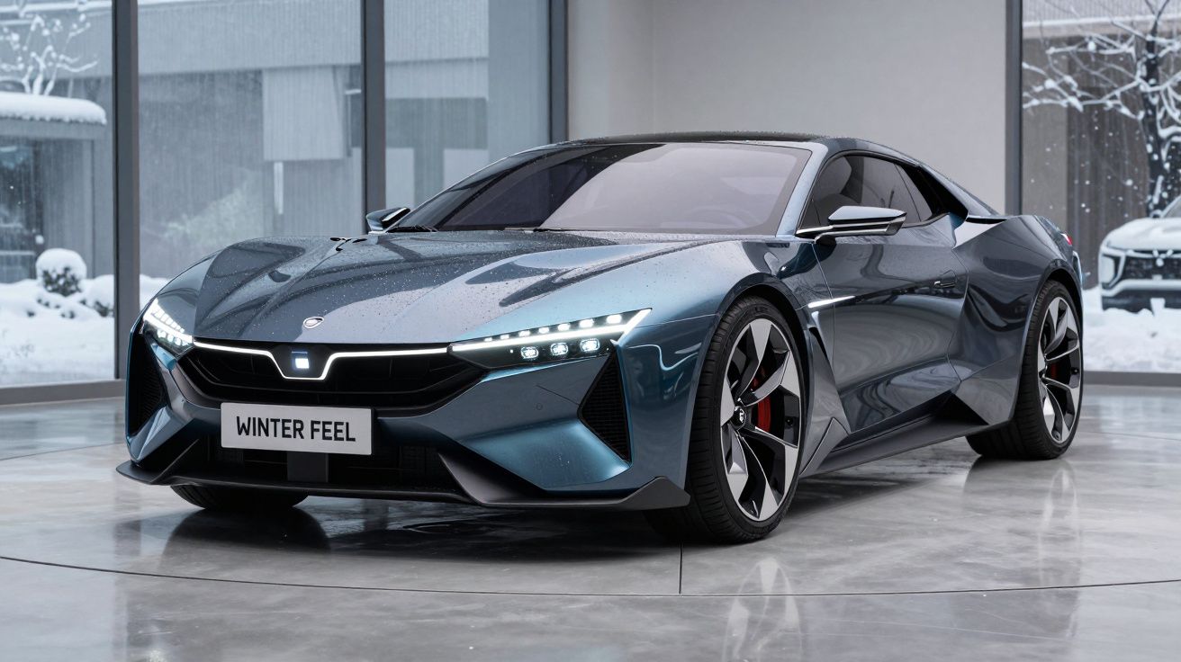 Carro desportivo elétrico azul com faróis LED, rodas esportivas e placa "Winter Feel" em ambiente interior moderno.