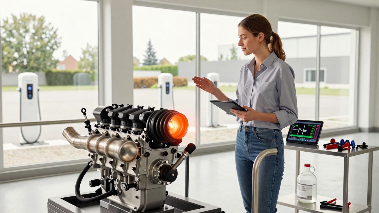 Mulher com tablet analisa motor a trabalhar num laboratório moderno com carros elétricos ao fundo.