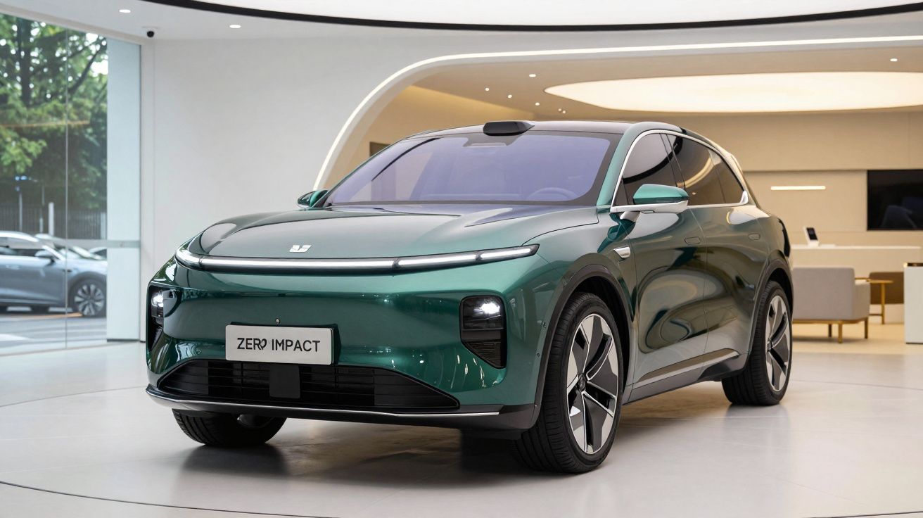 Carro elétrico verde modelo Zero Impact em exposição numa sala moderna com iluminação branca.