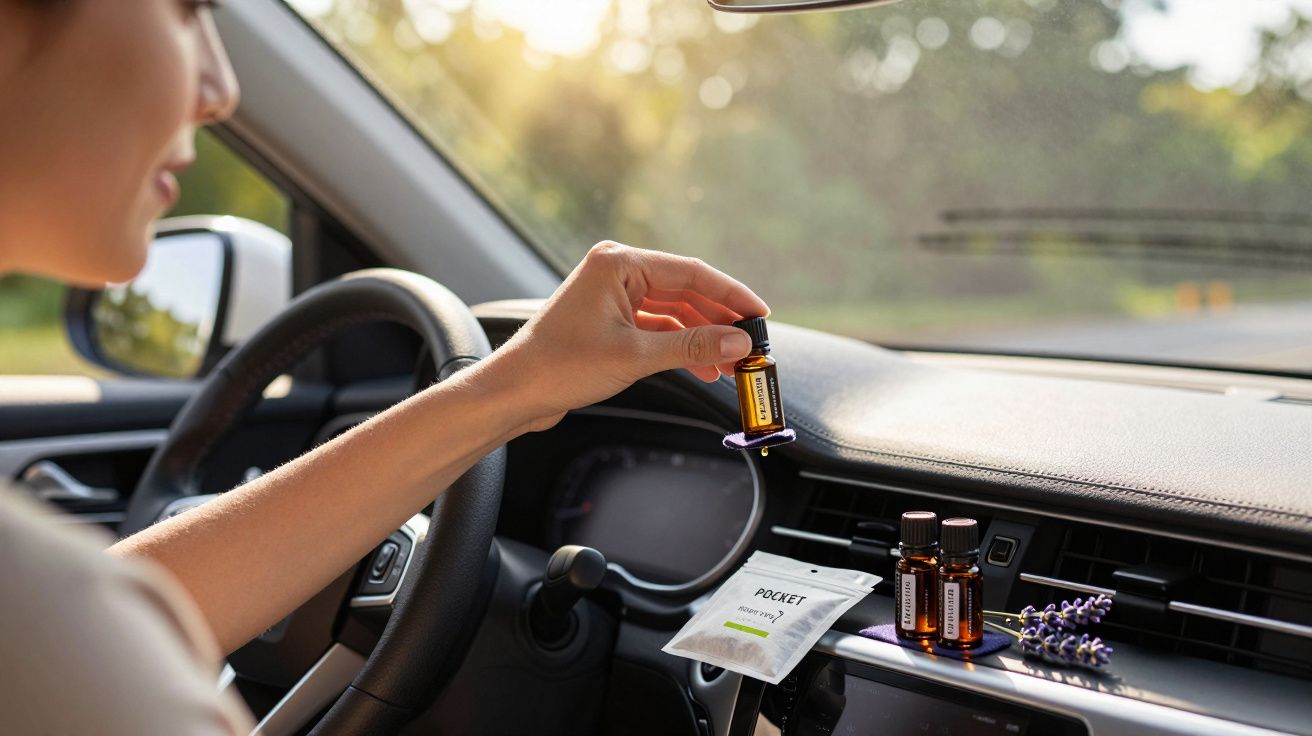 Pessoa no carro a colocar óleo essencial num difusor de ventoinha, com frascos e lavanda no tablier.