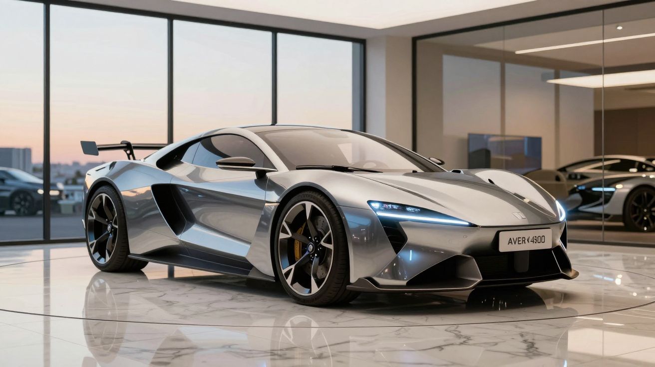 Carro desportivo cinzento metálico com design futurista estacionado em salão moderno com chão de mármore.