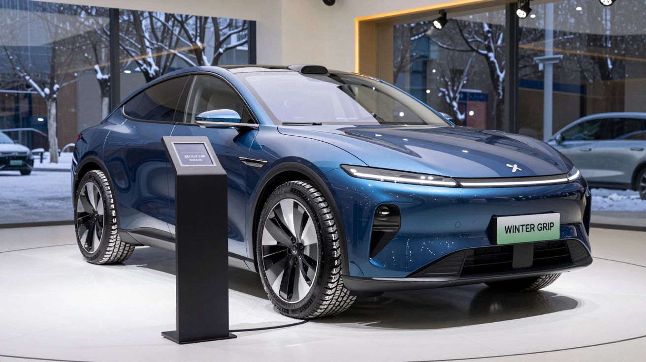 Carro elétrico moderno azul exibido em showroom com neve visível através das janelas.