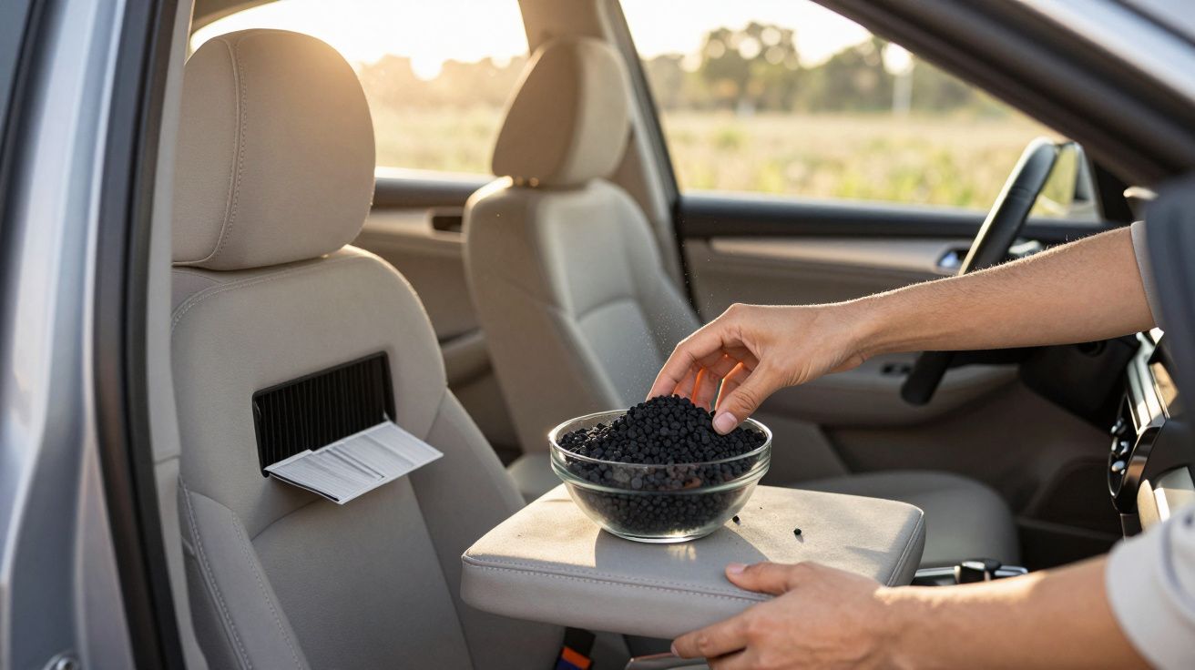Mãos colocam taça com pequenas bagas pretas numa plataforma entre os bancos de um carro.