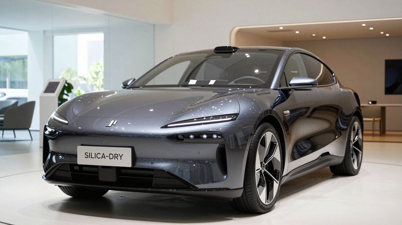 Carro eléctrico cinzento escuro com design moderno exposto num showroom elegante.