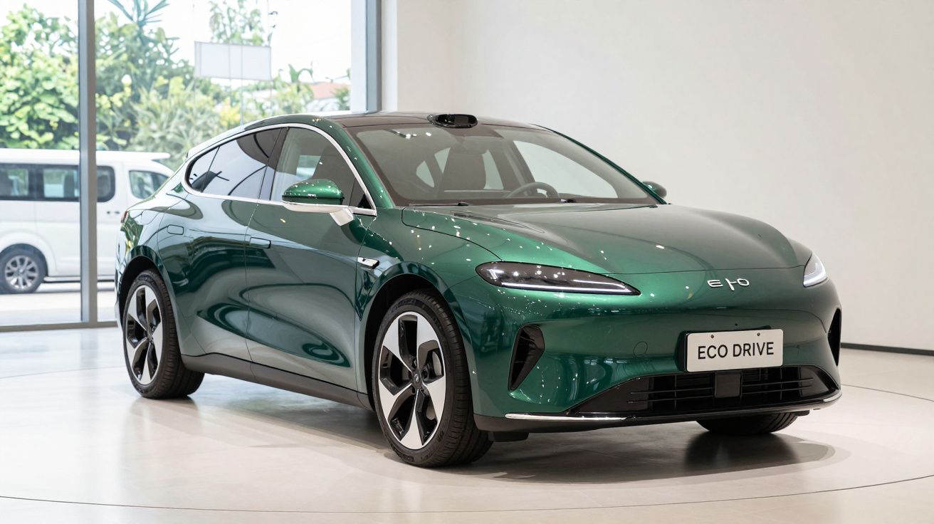 Carro elétrico verde escuro, modelo E70, exibido numa sala de exposição moderna.