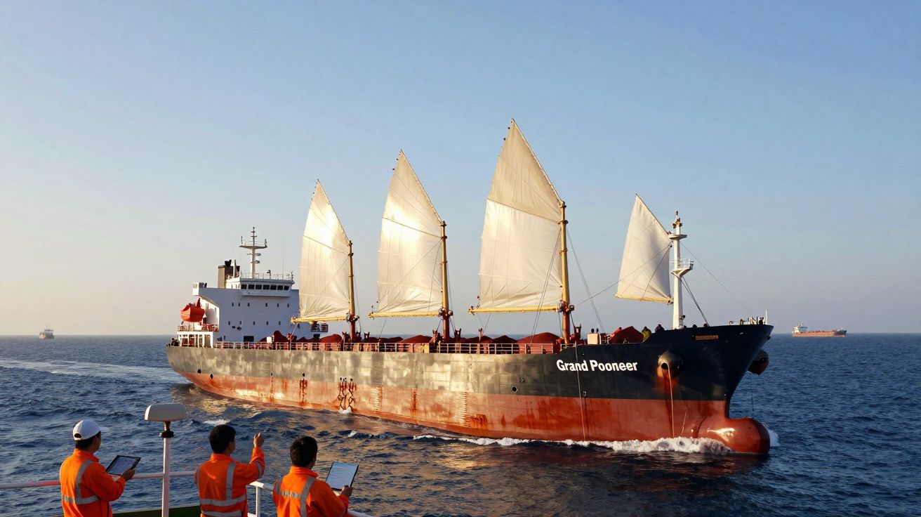 Navio de carga com velas brancas no mar, tripulação com coletes laranja a observar.