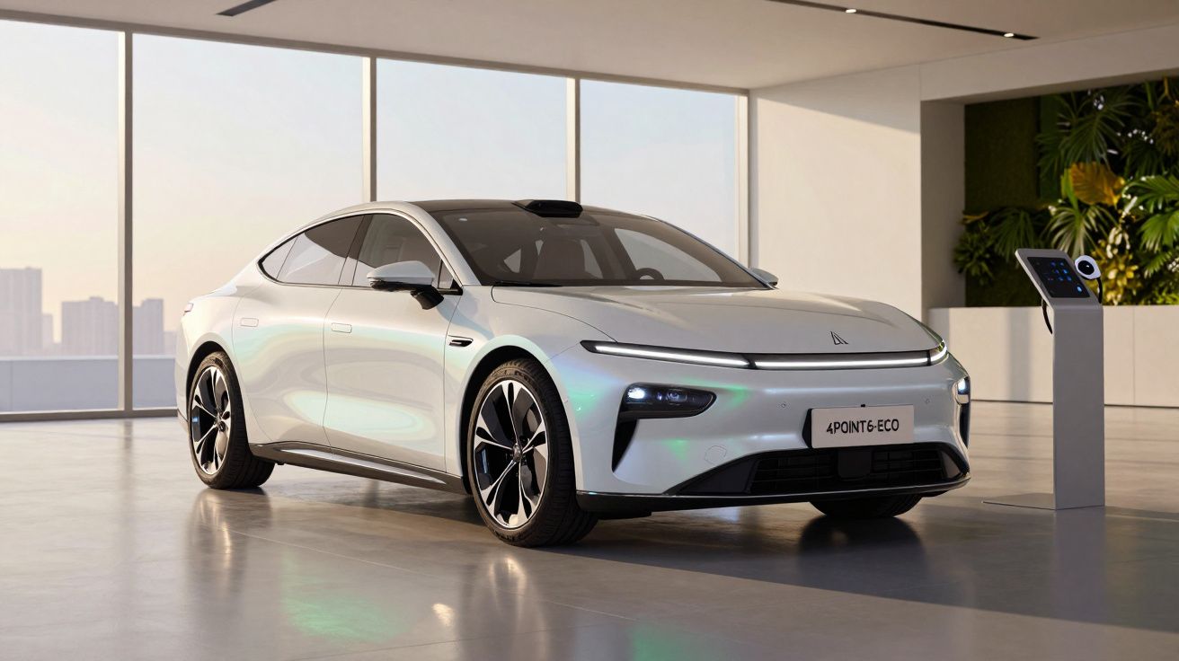 Carro elétrico branco moderno 4P_016T6-ECO estacionado em interior minimalista com grandes janelas.