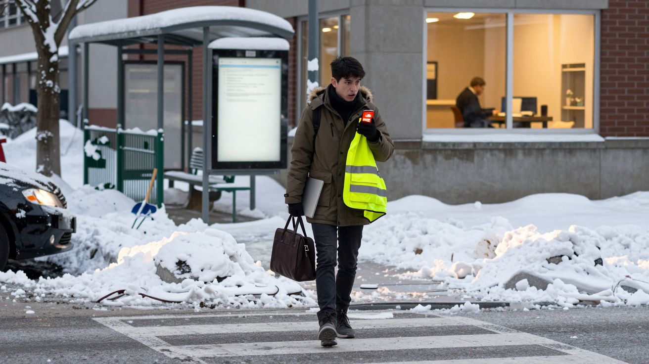 Homem a atravessar passadeira com neve ao redor, carregando colete amarelo e computador portátil.