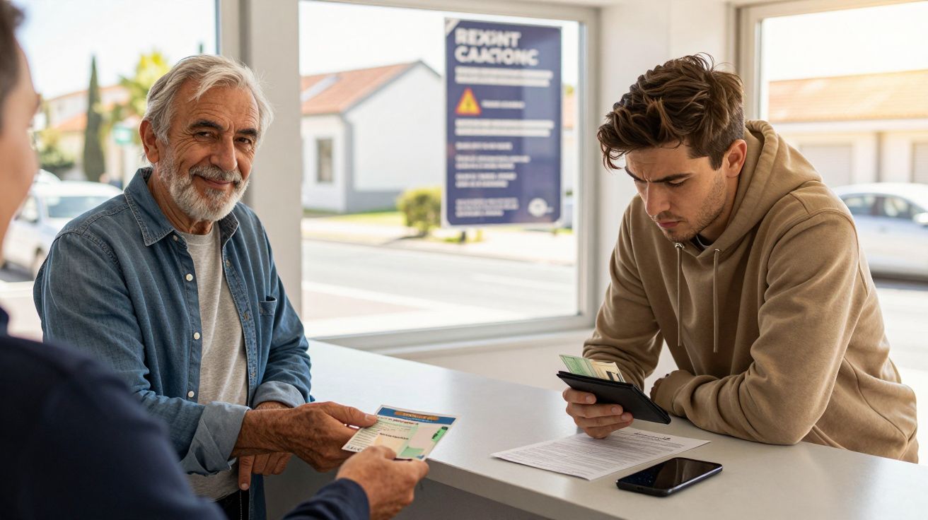 Homem idoso a entregar documentos a funcionário jovem numa agência de seguros.