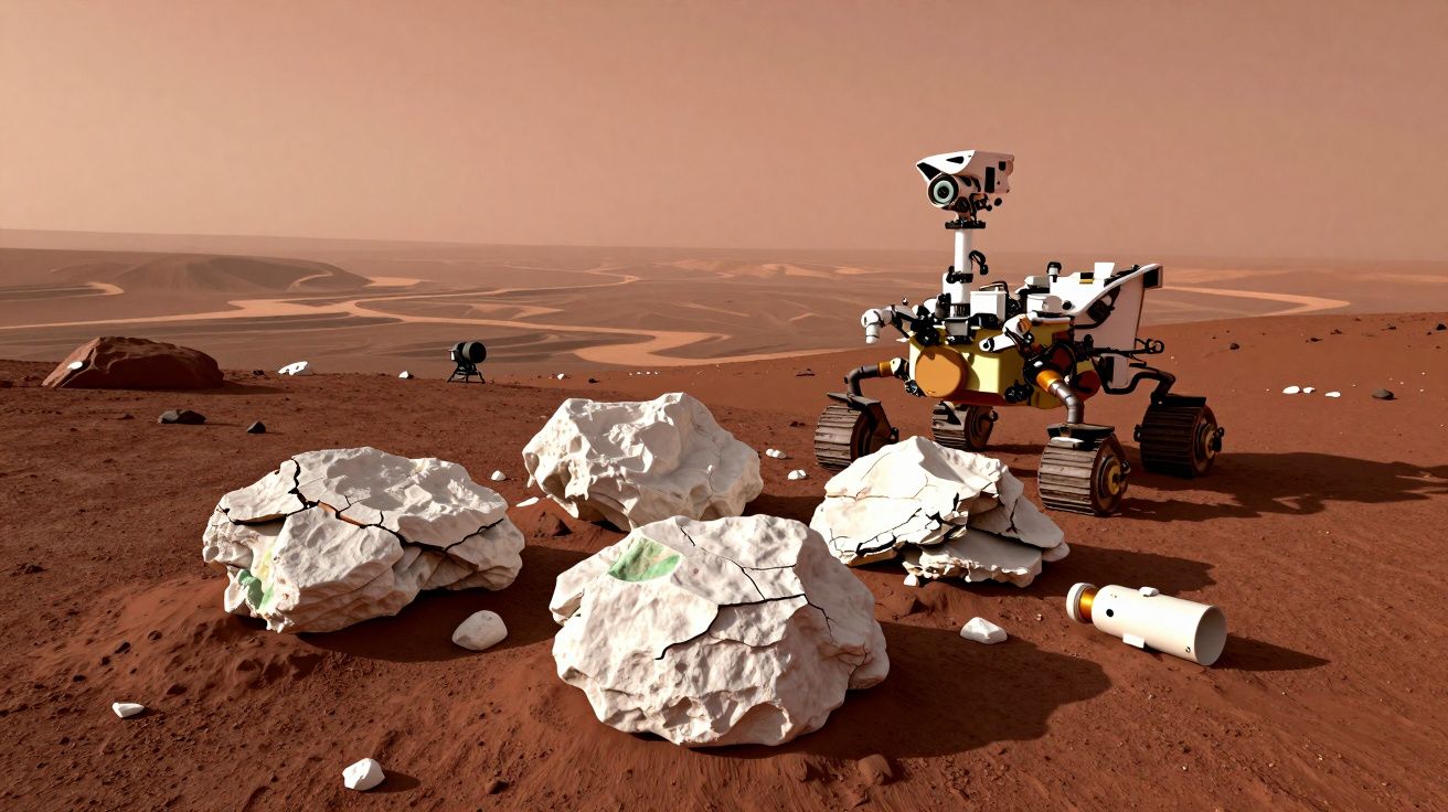 Rover explorador em solo marciano junto a várias rochas claras com uma paisagem desértica ao fundo.