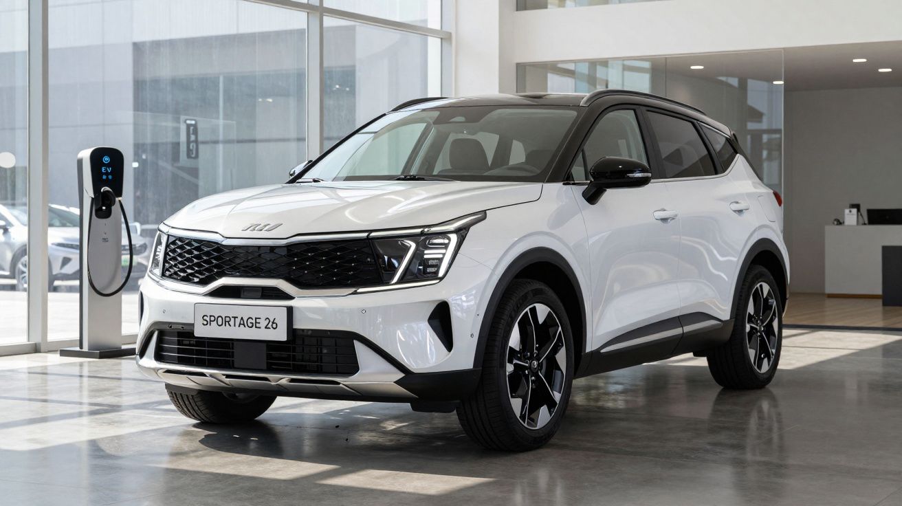 Carro SUV Kia Sportage 26 branco estacionado numa garagem moderna com estação de carregamento elétrico.
