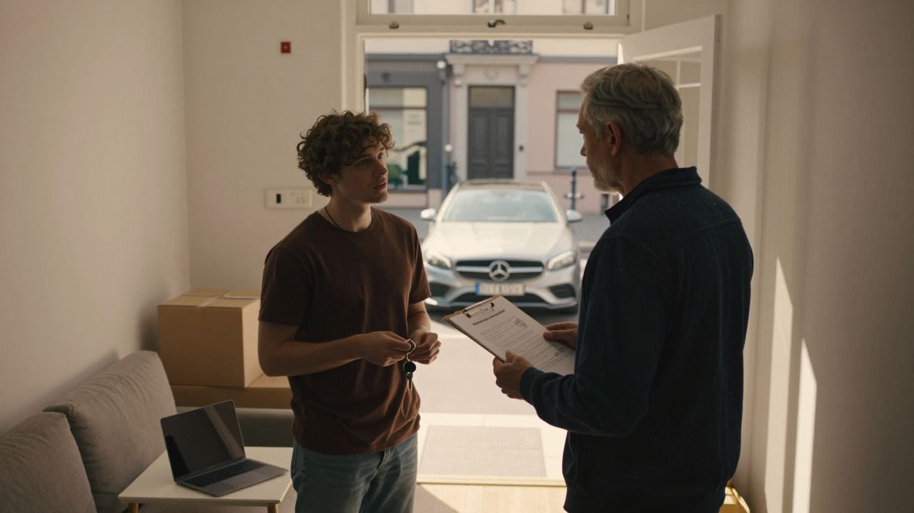 Jovem recebe chaves de casa nova de agente imobiliário numa sala com computador portátil.