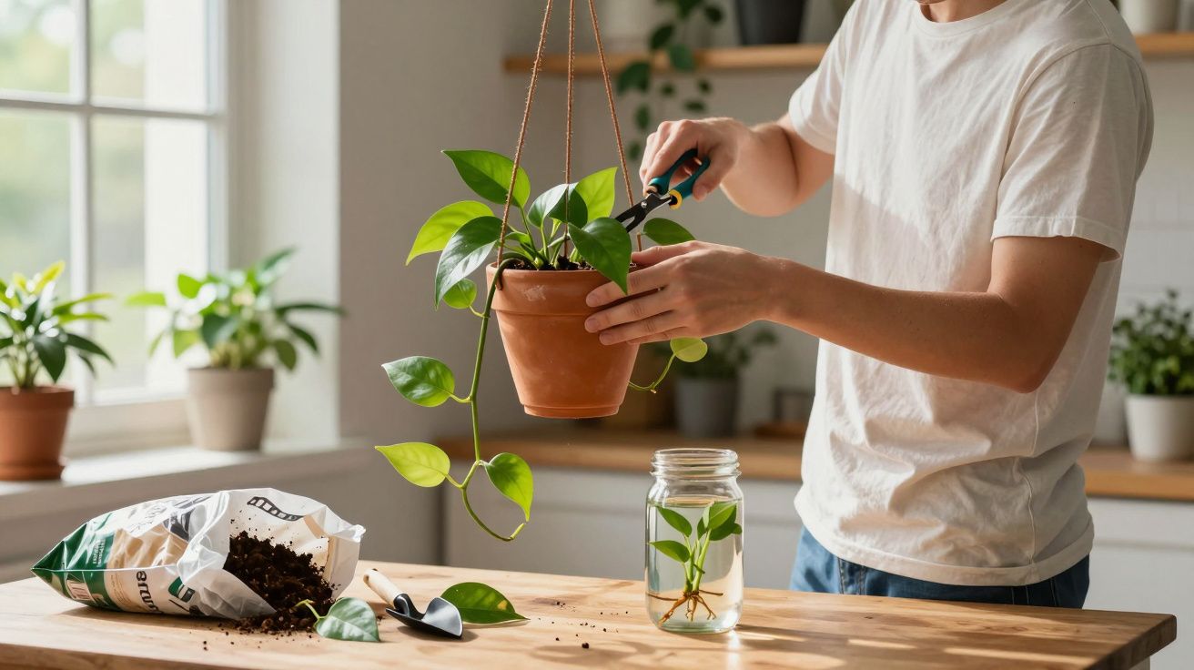 Pessoa a podar planta em vaso pendurado numa cozinha com luz natural e jarro com ramo na mesa