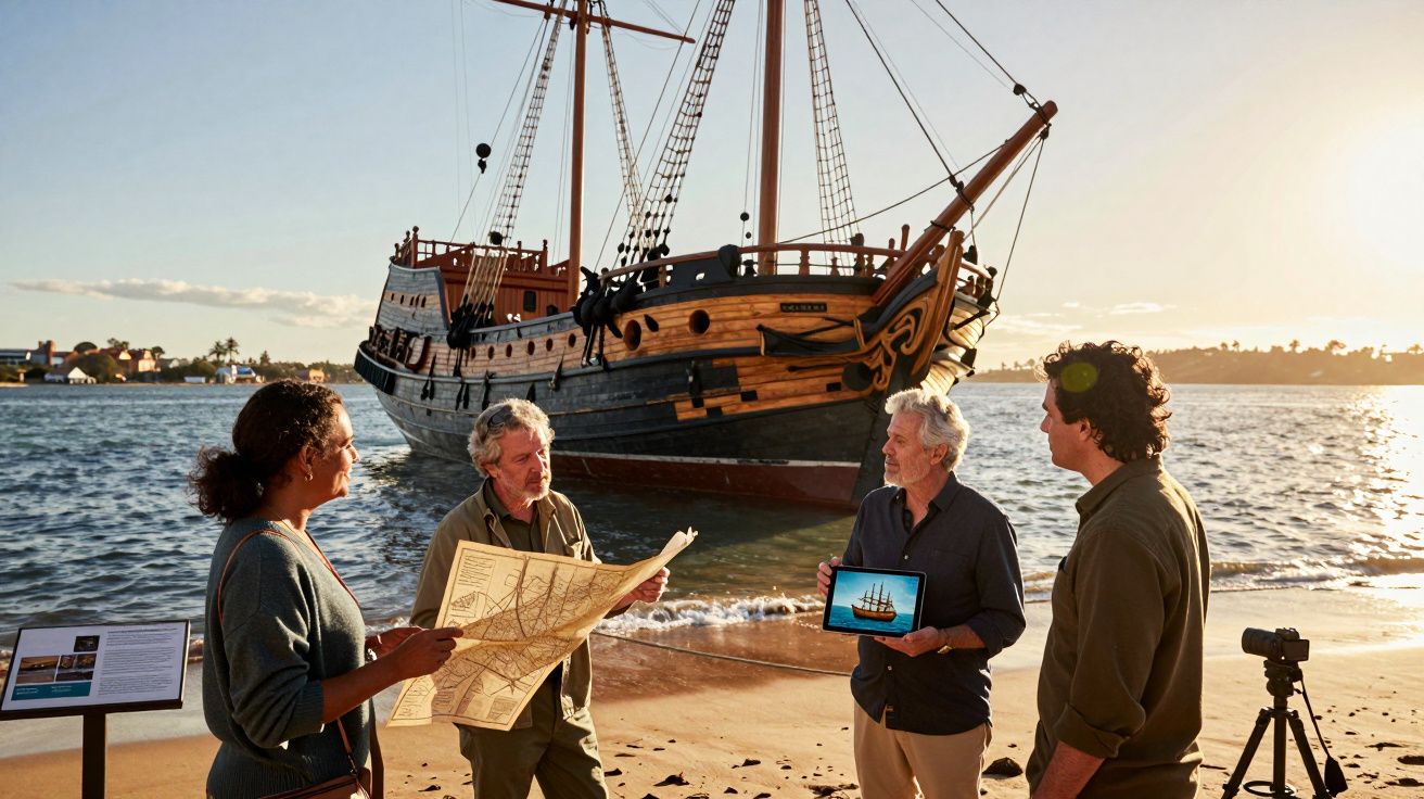 Quatro pessoas na praia com mapa, tablet e navio histórico ancorado ao pôr do sol.