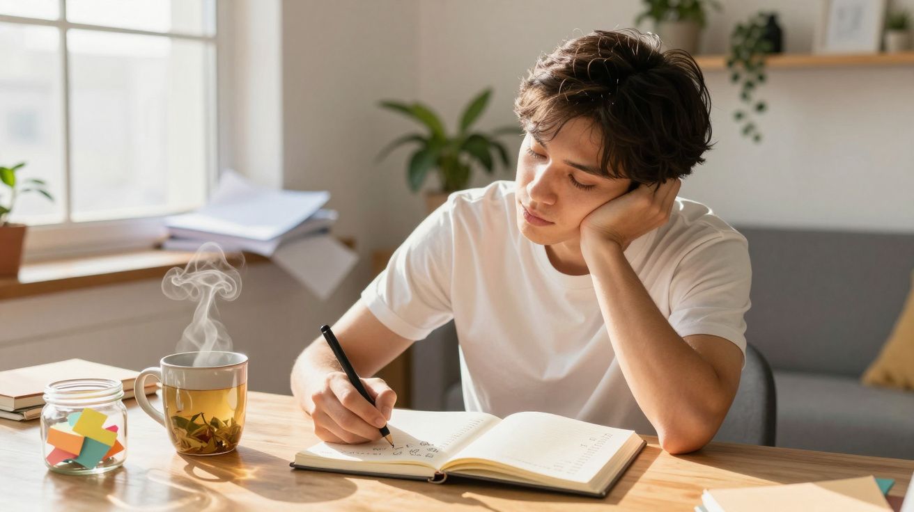 Jovem sentado a escrever num caderno, apoiando a cabeça com a mão, com chá quente na mesa iluminada.