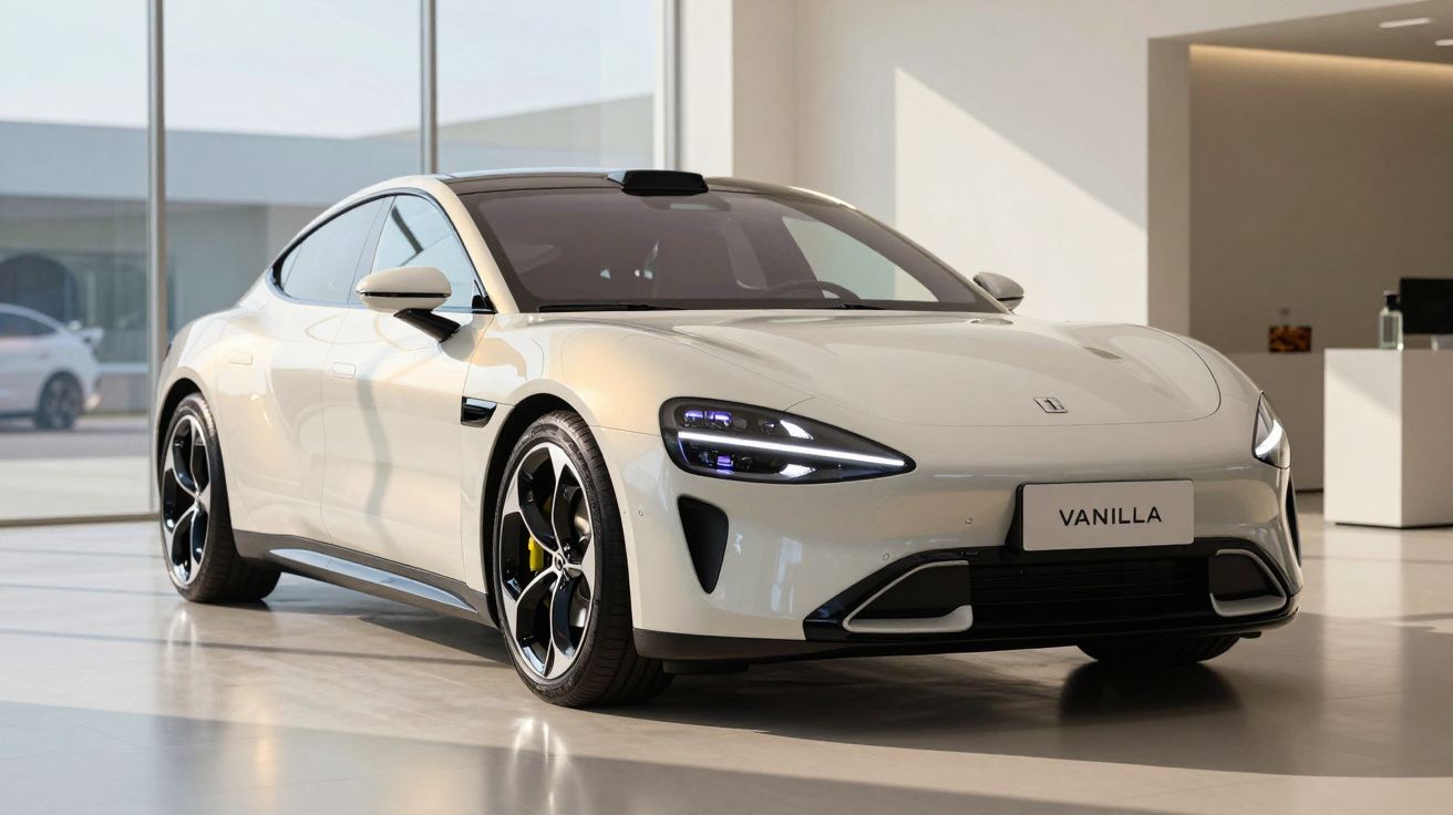 Carro desportivo elétrico branco estacionado num espaço interior moderno e iluminado.