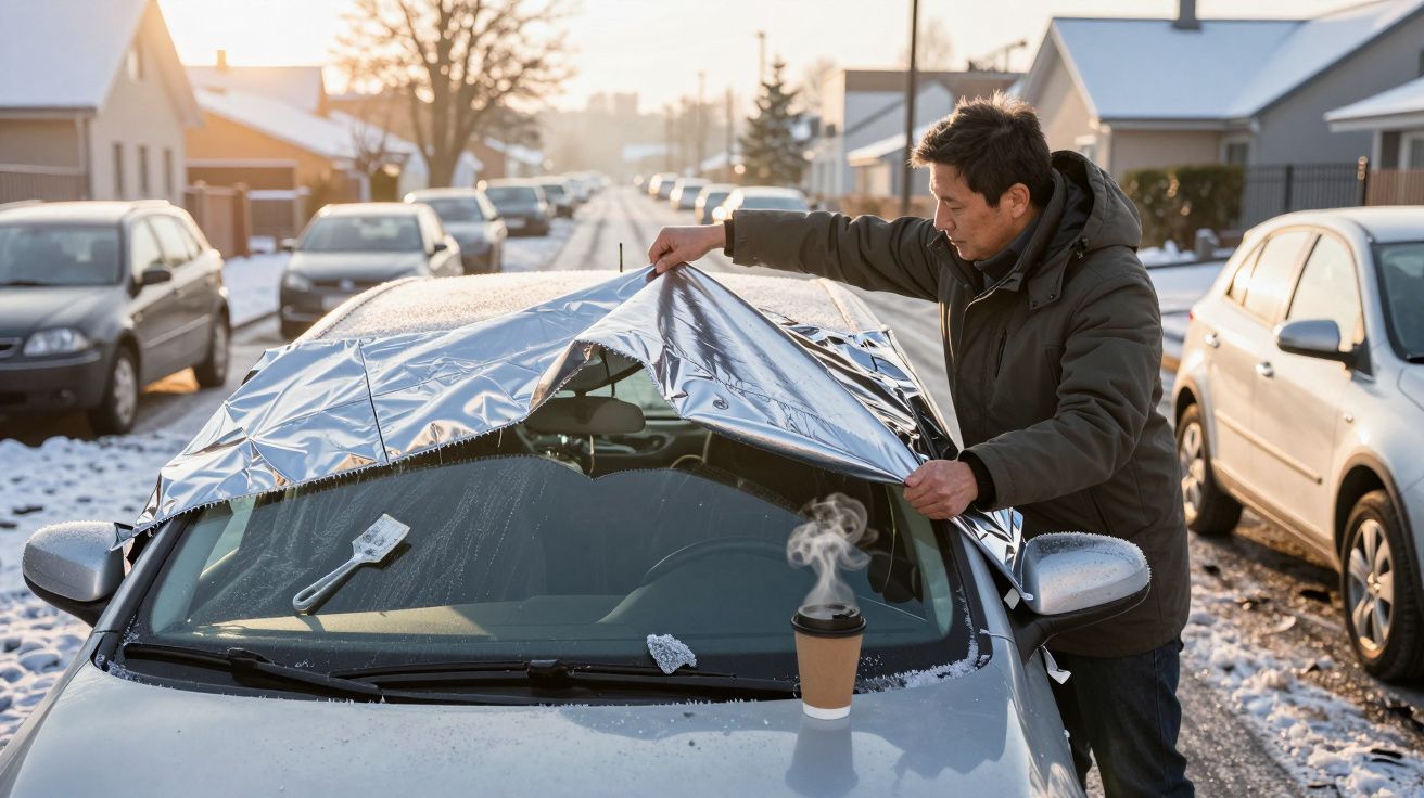 Homem a retirar cobertura térmica de vidro dianteiro de carro branco numa rua com neve.