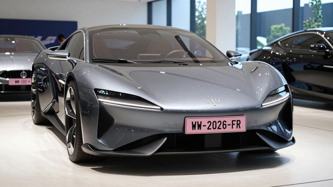 Carro desportivo cinzento metálico estacionado em exposição interior com outros veículos ao fundo.