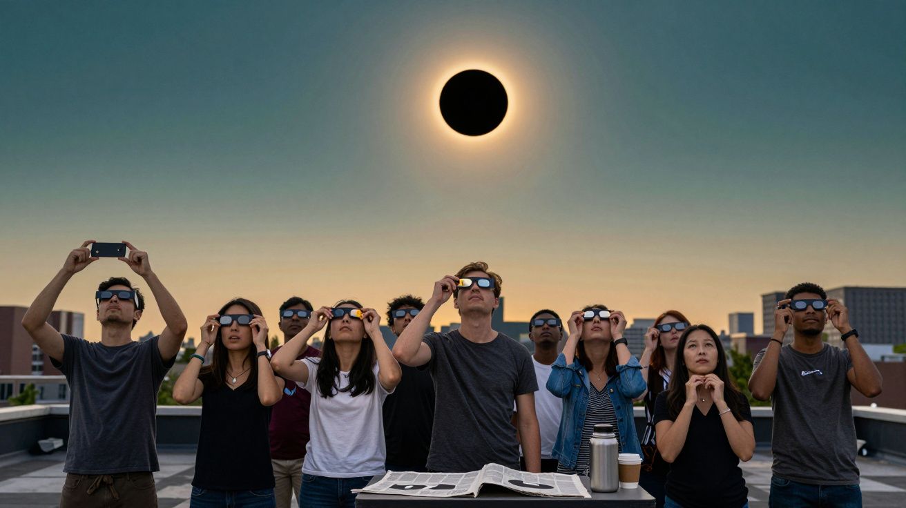 Grupo de pessoas com óculos especiais a observar eclipse solar durante o pôr do sol na cidade.