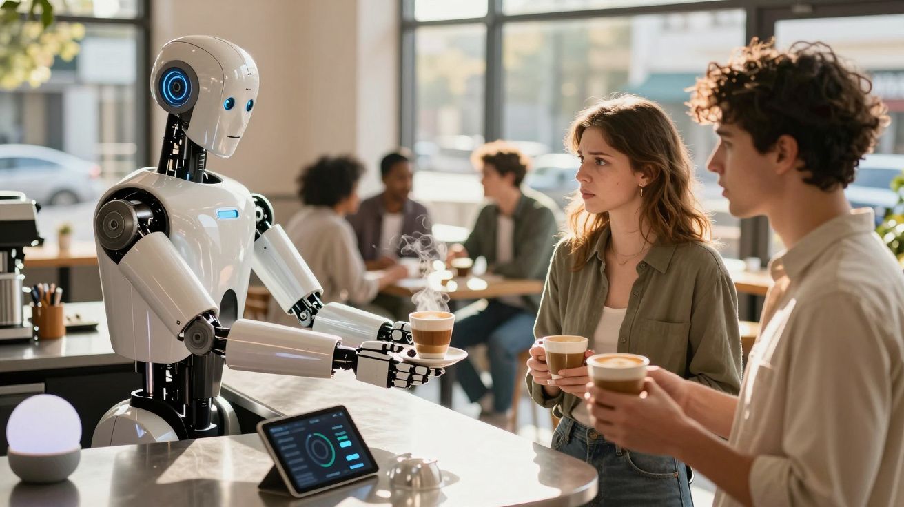 Robô serve café fumegante a dois jovens num café moderno com clientes ao fundo.