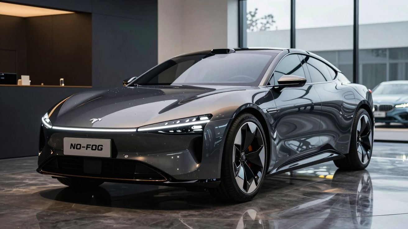 Carro elétrico desportivo cinzento, apresentado num showroom com piso em mármore refletivo.