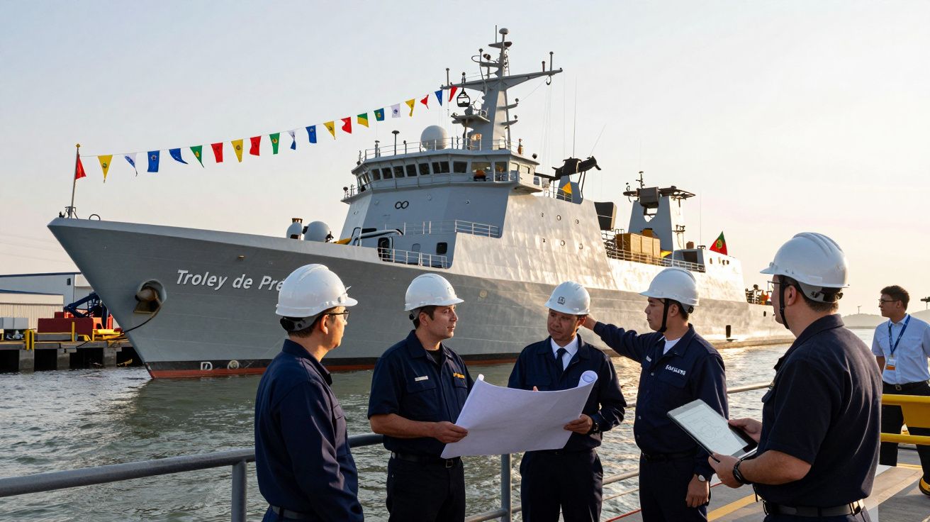 Cinco homens com capacetes brancos analisam planta junto a grande navio cinzento decorado com bandeiras no porto ao entardece