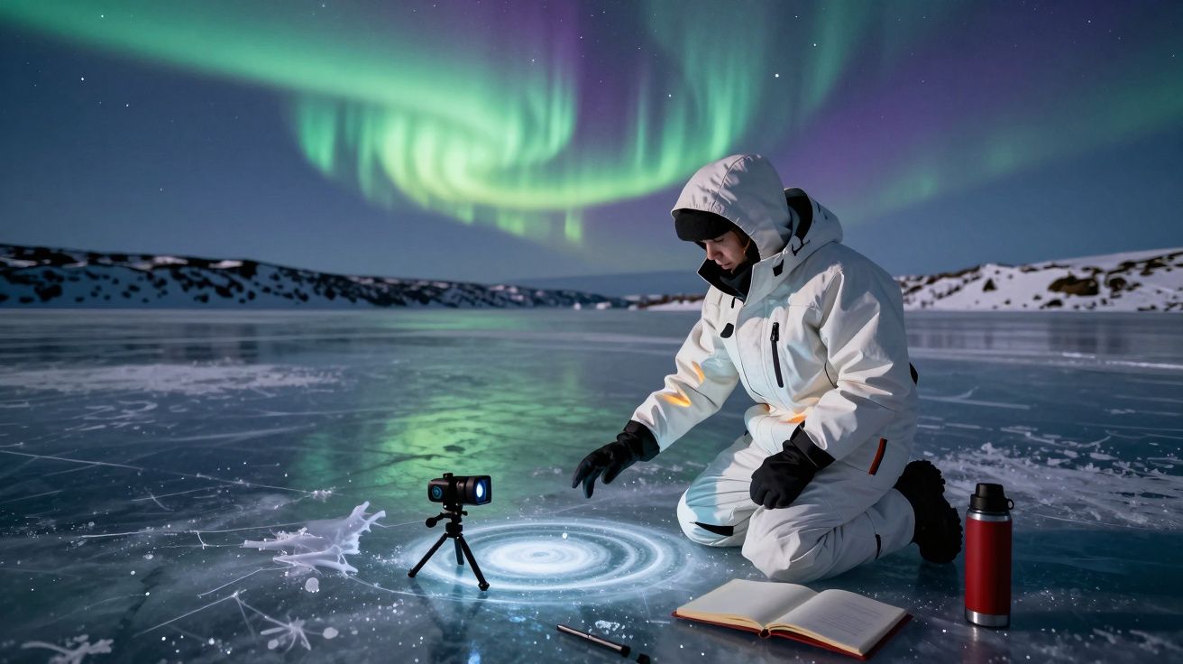Pessoa com roupa de inverno ajoelhada num lago congelado, com caderno aberto, equipamento e aurora boreal ao fundo.
