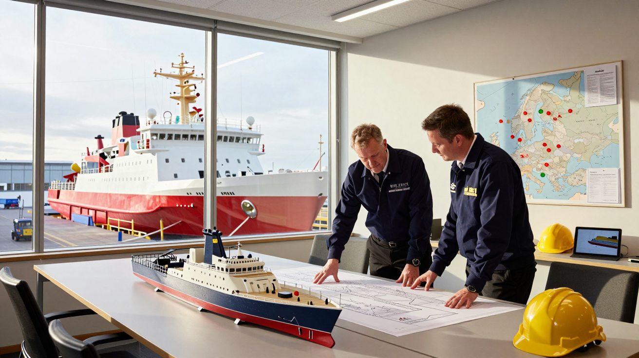 Dois engenheiros analisam plantas numa sala com modelo de navio e um navio de investigação visível pela janela.