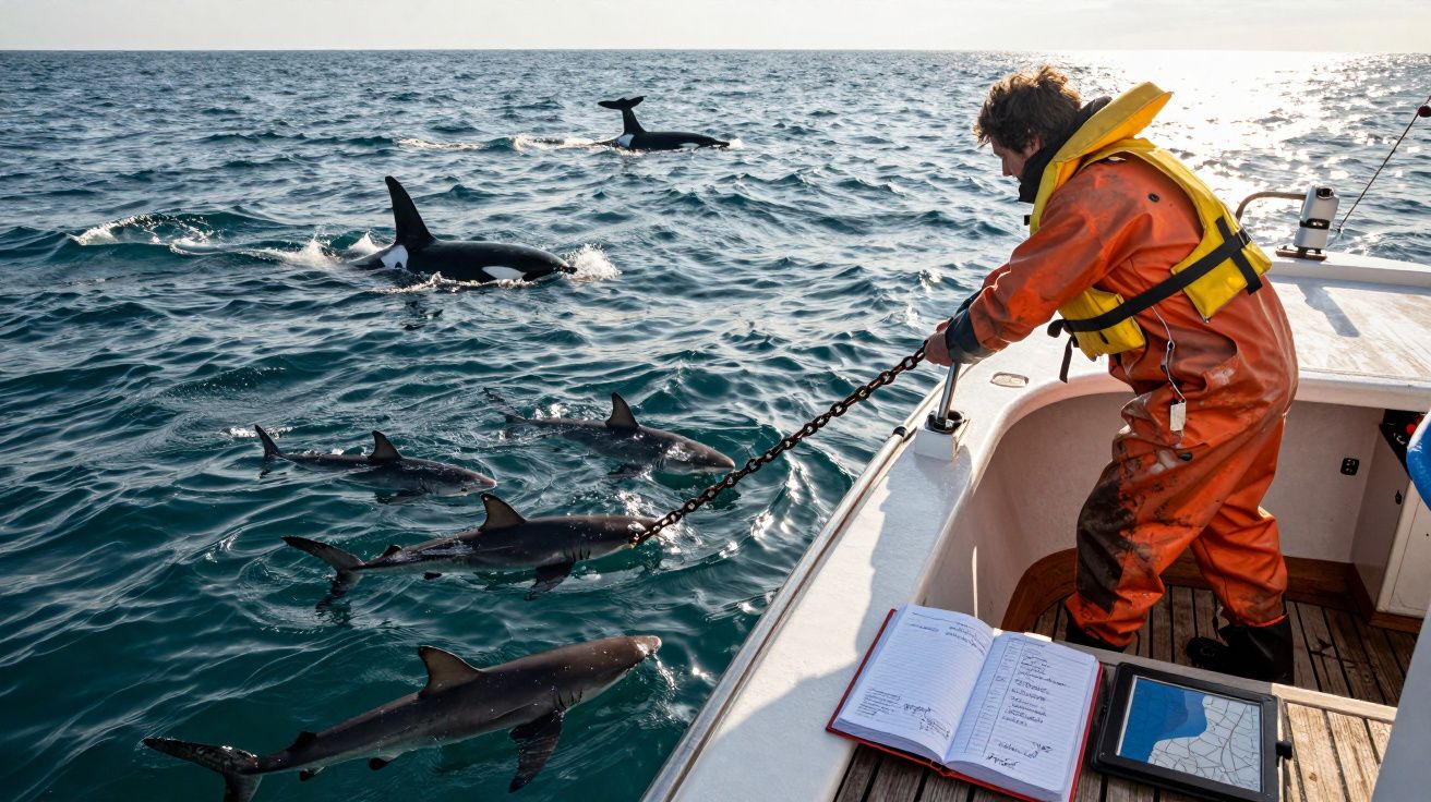 Homem com fato impermeável a bordo de barco observa golfinhos no mar durante dia ensolarado.