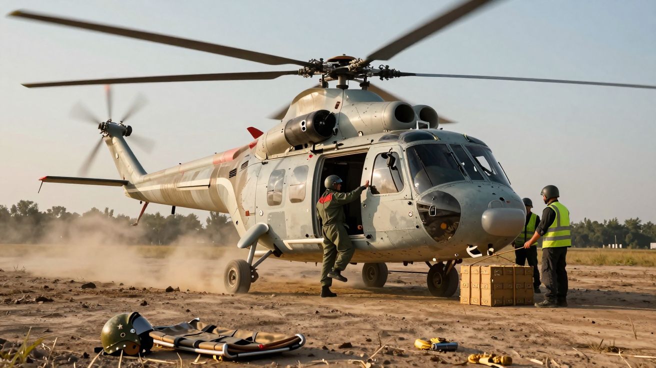 Helicóptero militar em solo com soldados a carregar caixas de equipamento durante operação no campo.