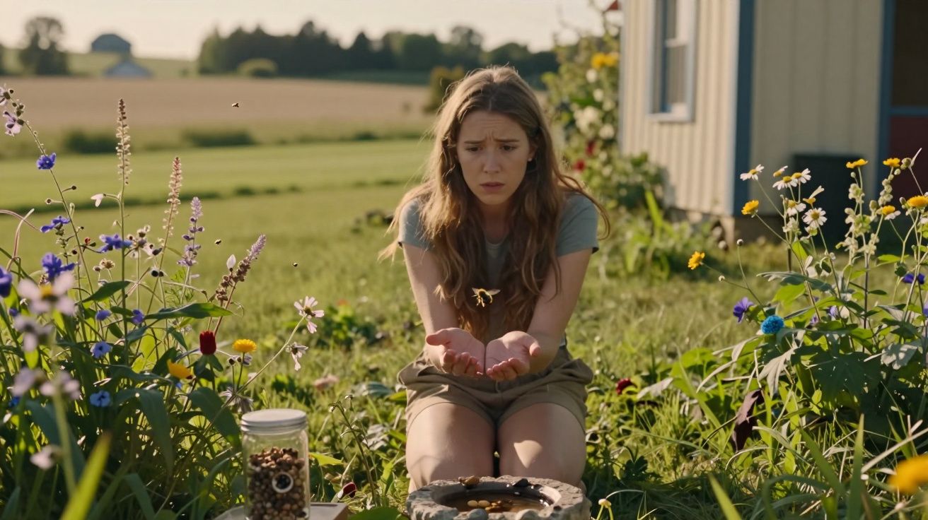 Jovem mulher sentada num jardim florescente olhando absorta para uma abelha que pousa nas suas mãos.