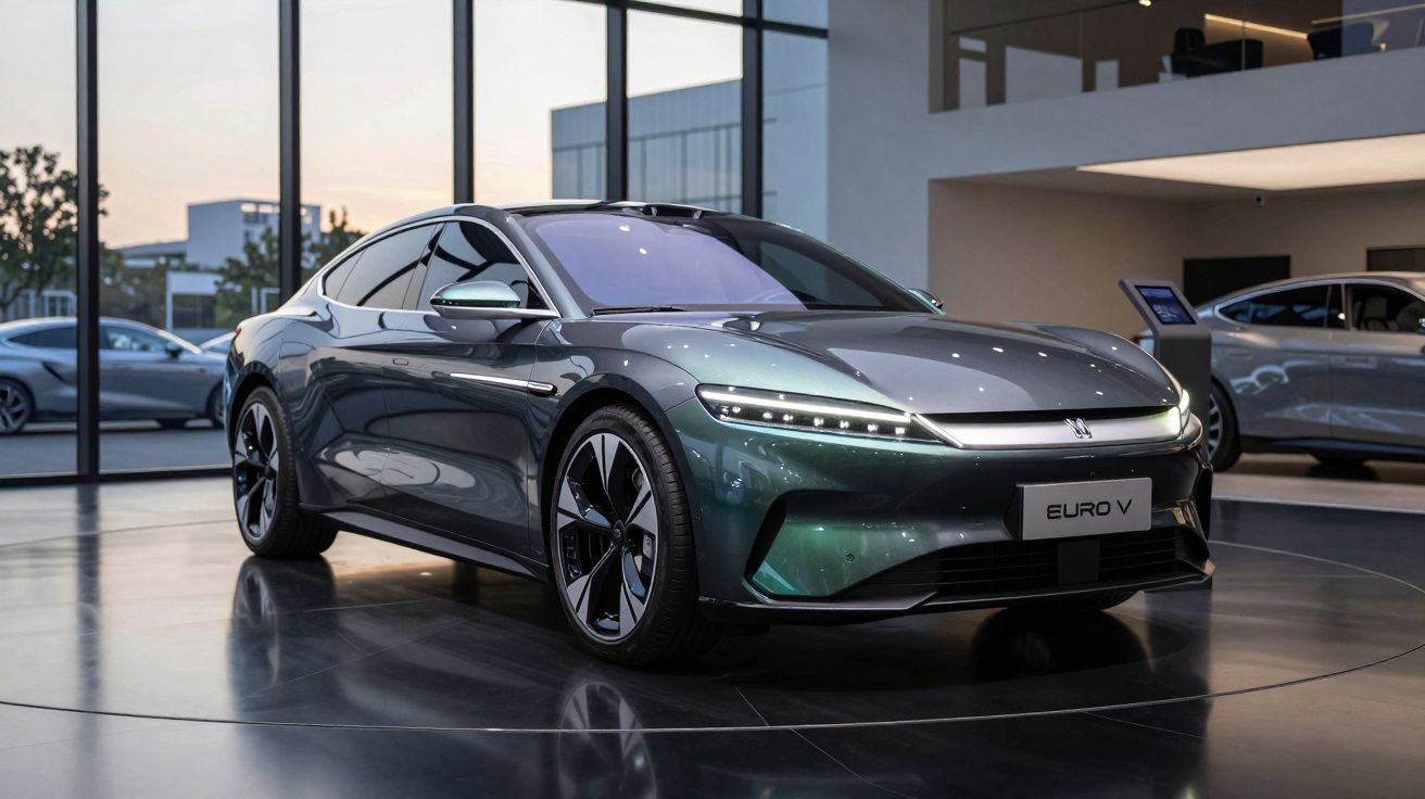 Carro elétrico moderno cinzento escuro, modelo Euro V, exposto em showroom com janelas amplas ao fundo.