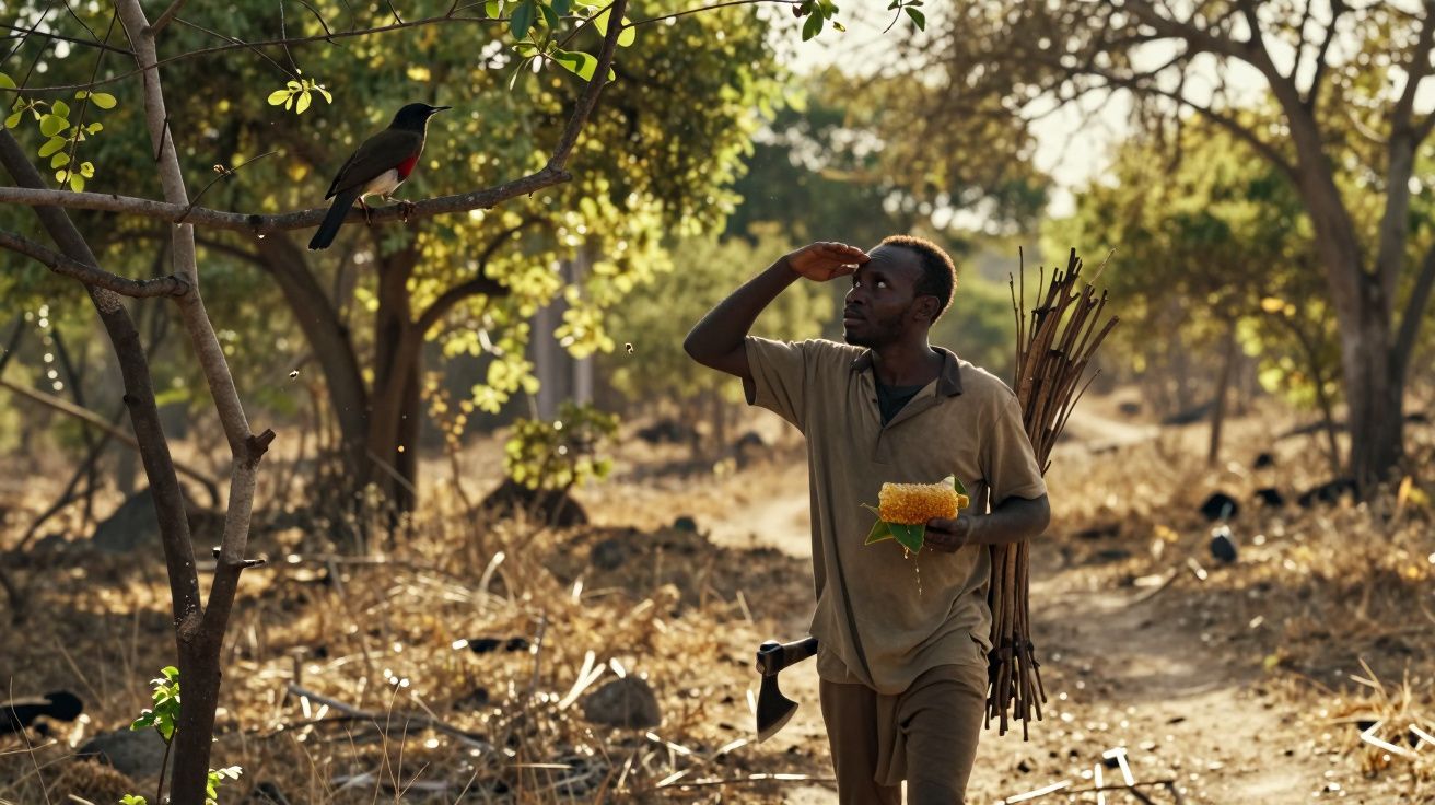 Homem com ferramentas e lenha observa um pássaro numa árvore numa floresta seca ao entardecer.