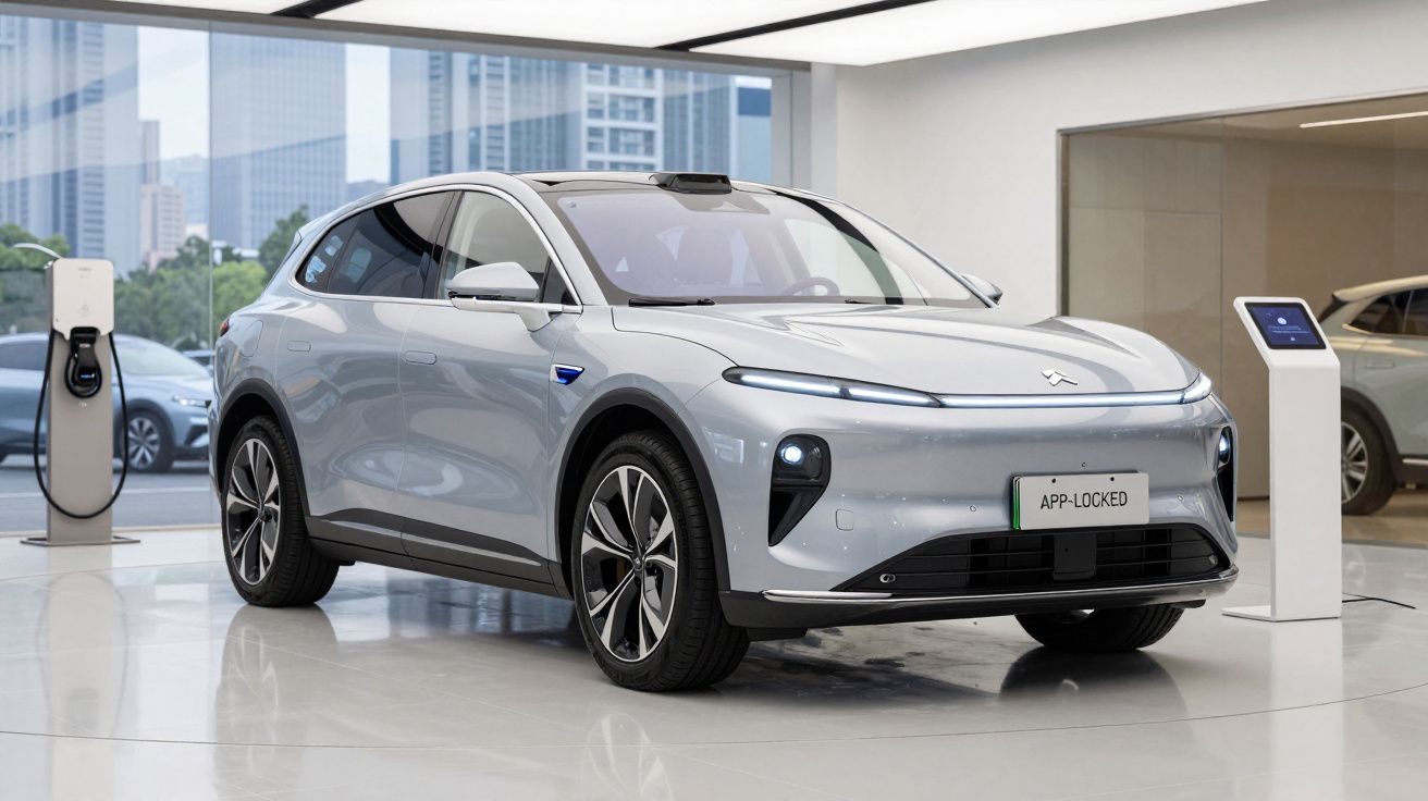 Carro elétrico cinzento estacionado em showroom moderno com carregador ao lado.