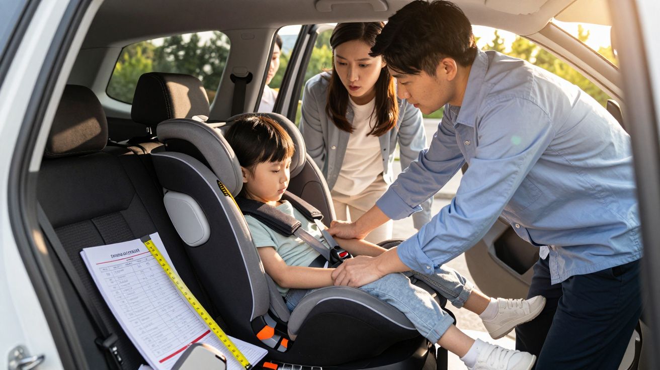 Pai e mãe certificam-se de que criança está bem presa na cadeirinha de automóvel no banco de trás.