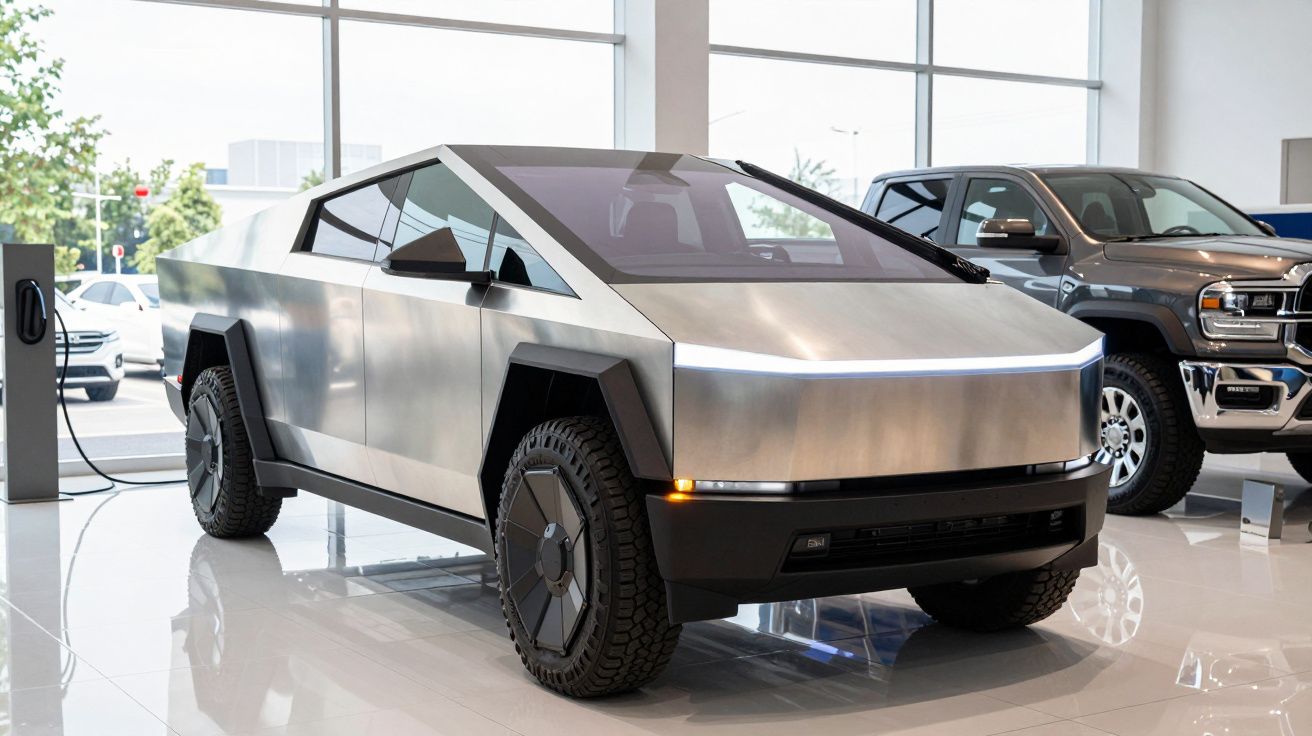 Carro elétrico futurista Tesla Cybertruck prateado numa exposição interior junto a outros veículos.