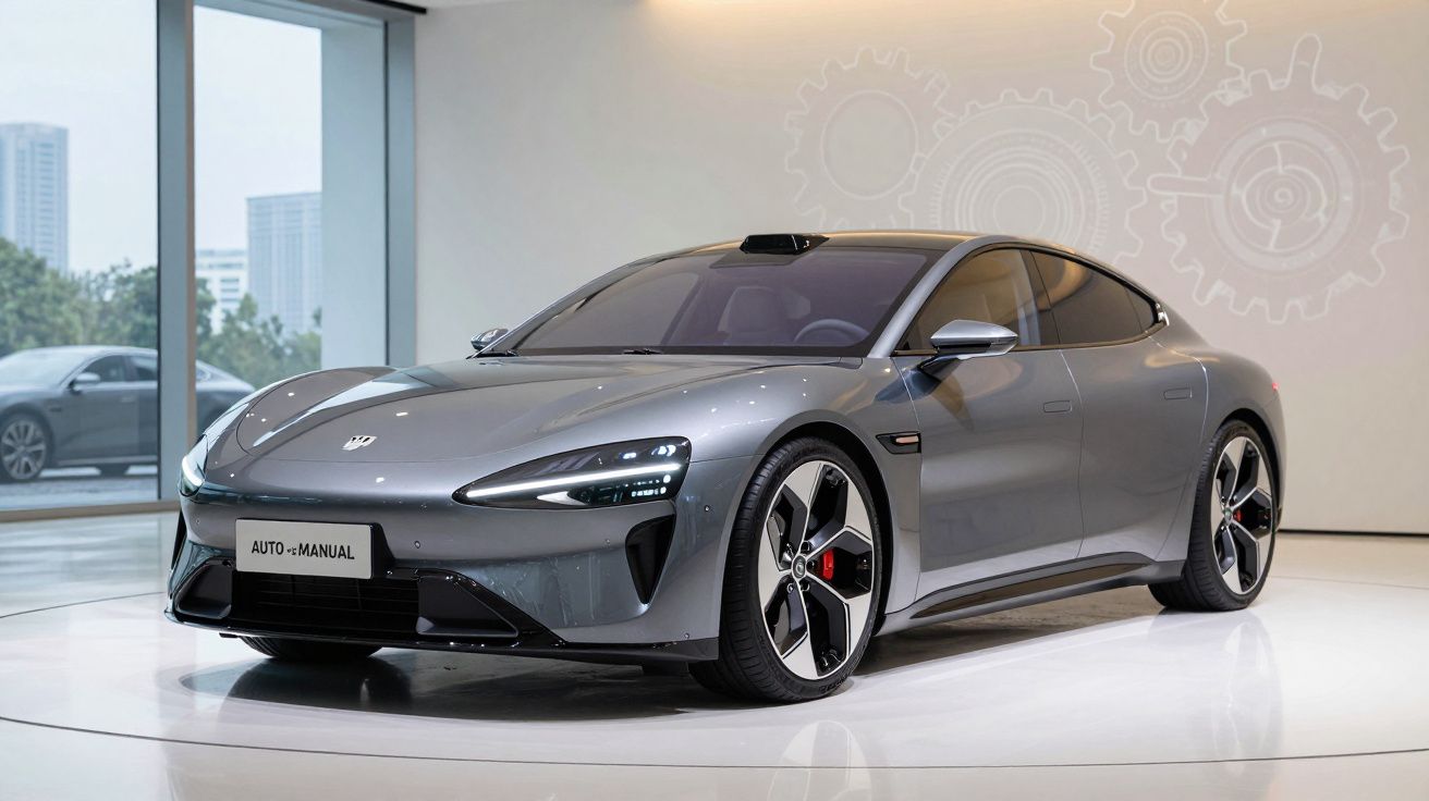 Carro desportivo cinzento elétrico estacionado em interior moderno com janelas grandes e piso brilhante.