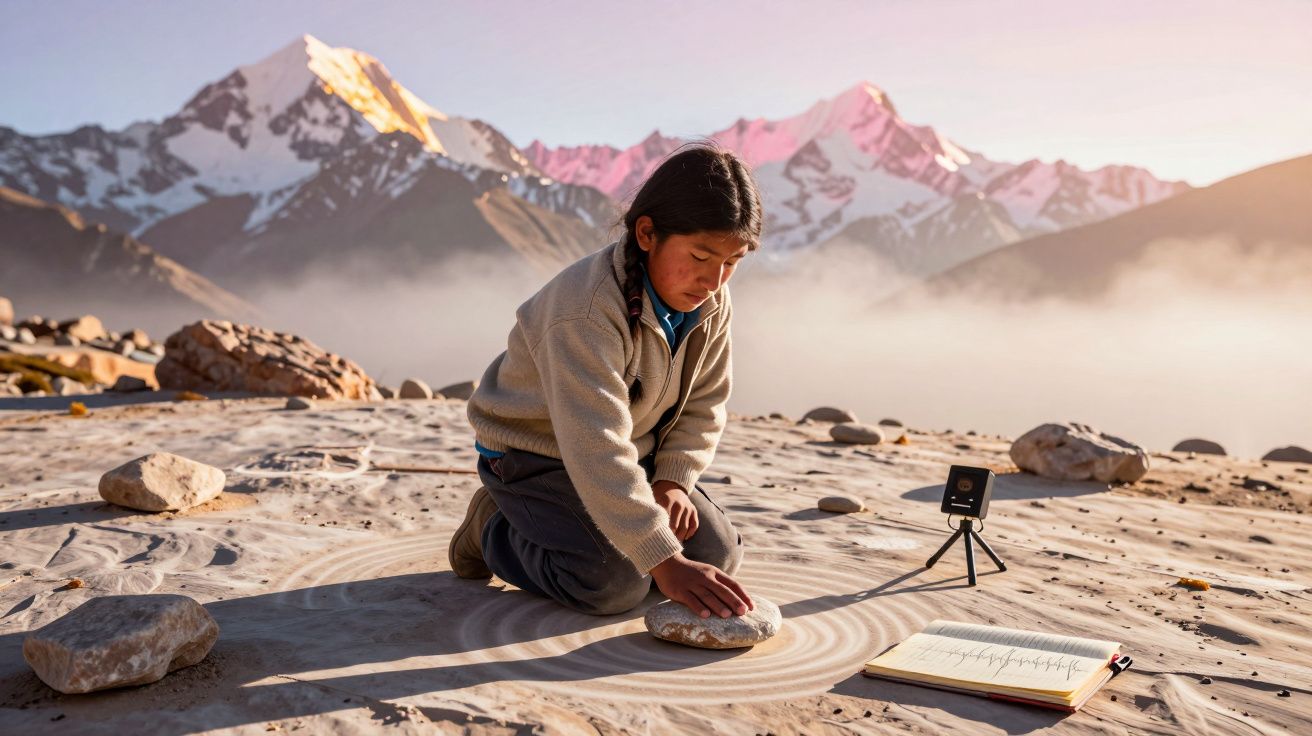 Criança sentada no chão a desenhar círculos na areia com pedras, montanhas nevadas ao fundo.
