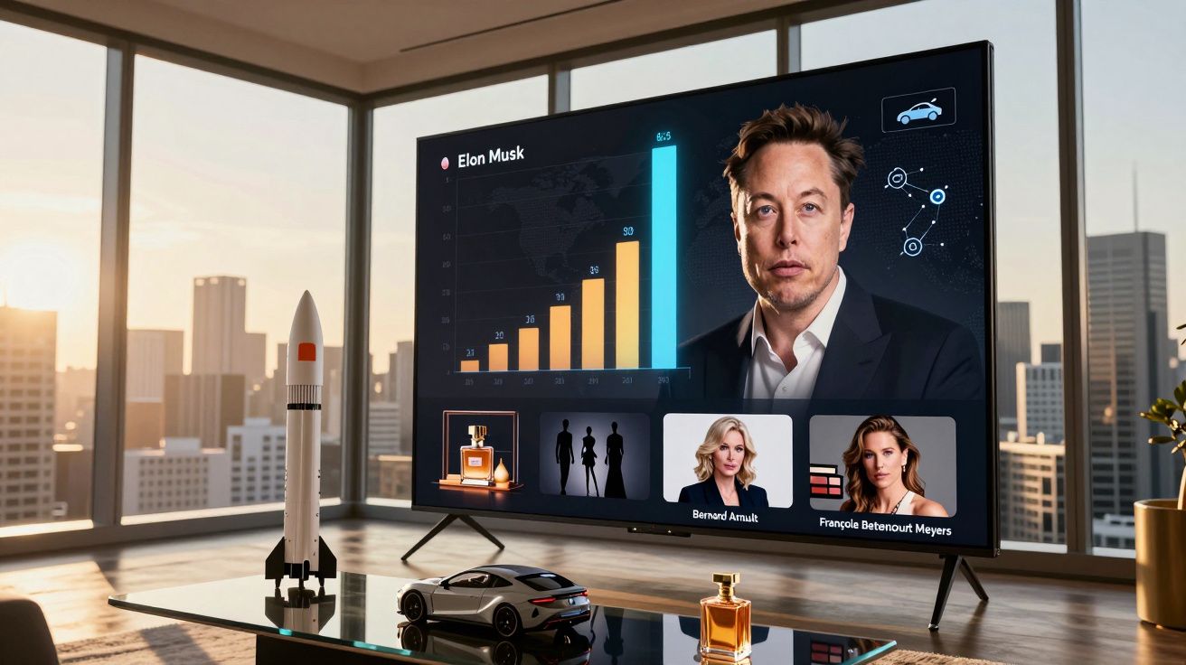 Homem em fato à frente de gráfico e fotos de pessoas numa grande televisão numa sala moderna com vista para a cidade.