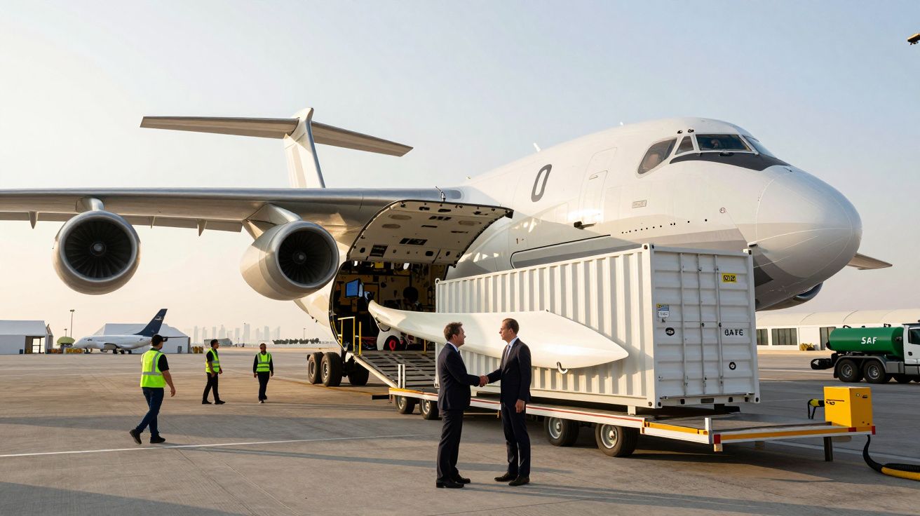 Avião de carga na pista, contentor e duas pessoas a cumprimentarem-se com trabalhadores ao fundo.