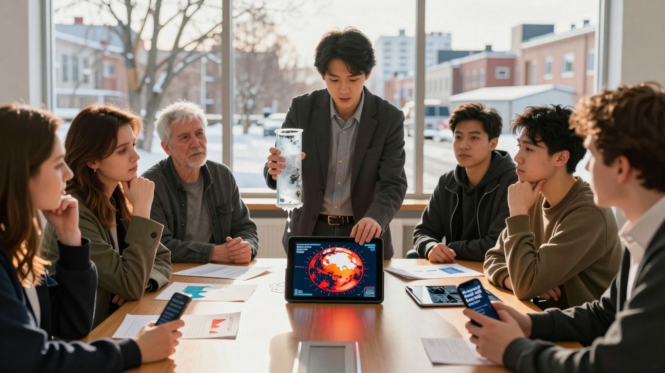 Grupo de pessoas em reunião com apresentação sobre mudanças climáticas num tablet numa mesa.