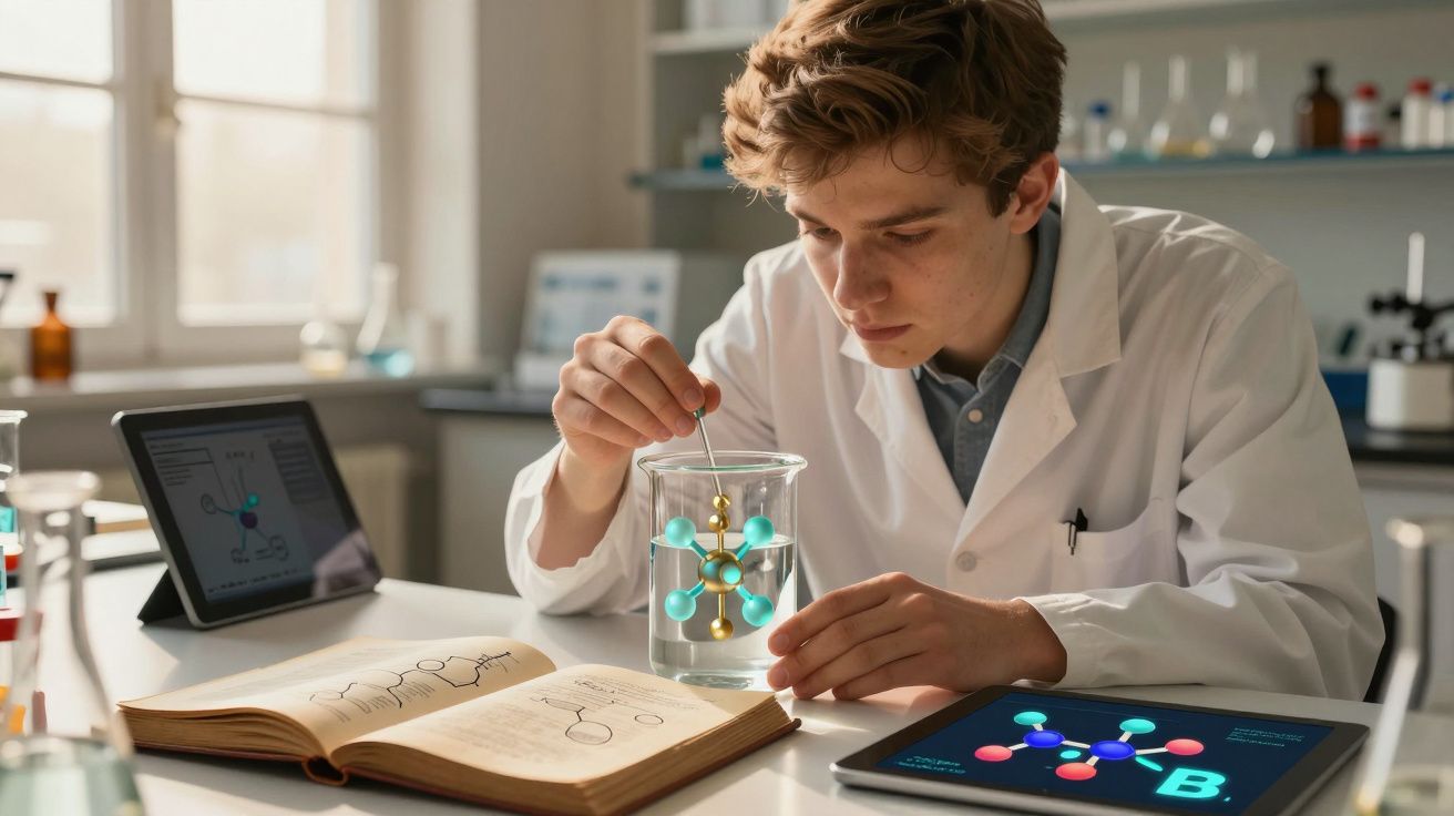 Jovem cientista em laboratório manuseia modelo molecular com livros e tablets digitais sobre química na mesa.