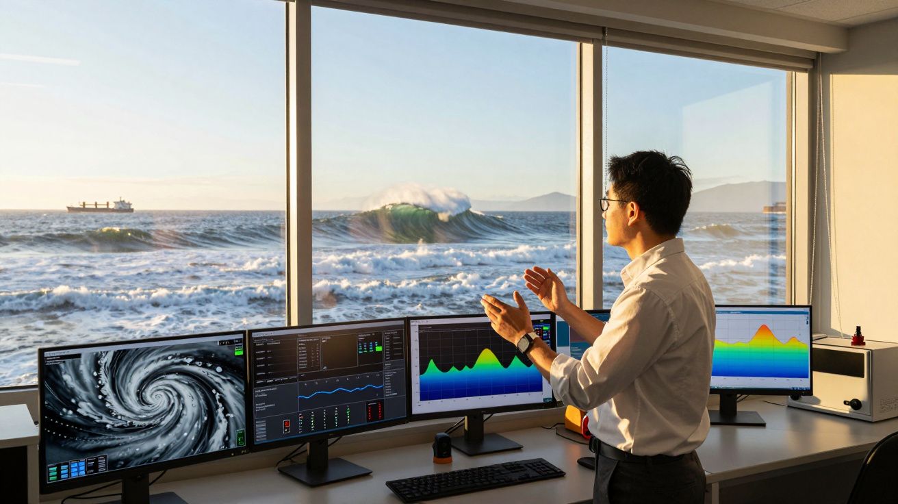 Homem a analisar dados em monitores com vista para o mar e uma onda grande a aproximar-se da costa.