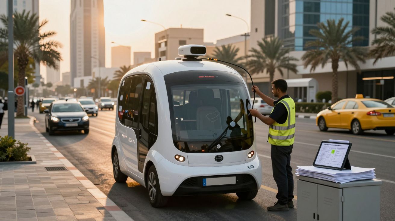Homem verifica carro autónomo branco numa rua urbana com edifícios altos ao pôr do sol.